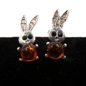 New 925 Sterling Silver Small Bunny Stud Earrings with Genuine Amber